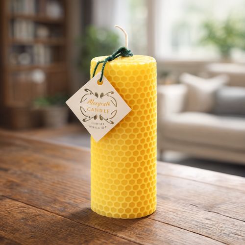 Dubbeldik gerolde bijenwaskaars van prachtige 100% natuurzuivere bijenwas - heerlijk honingachtig geur - www.lekkerhoning.nl